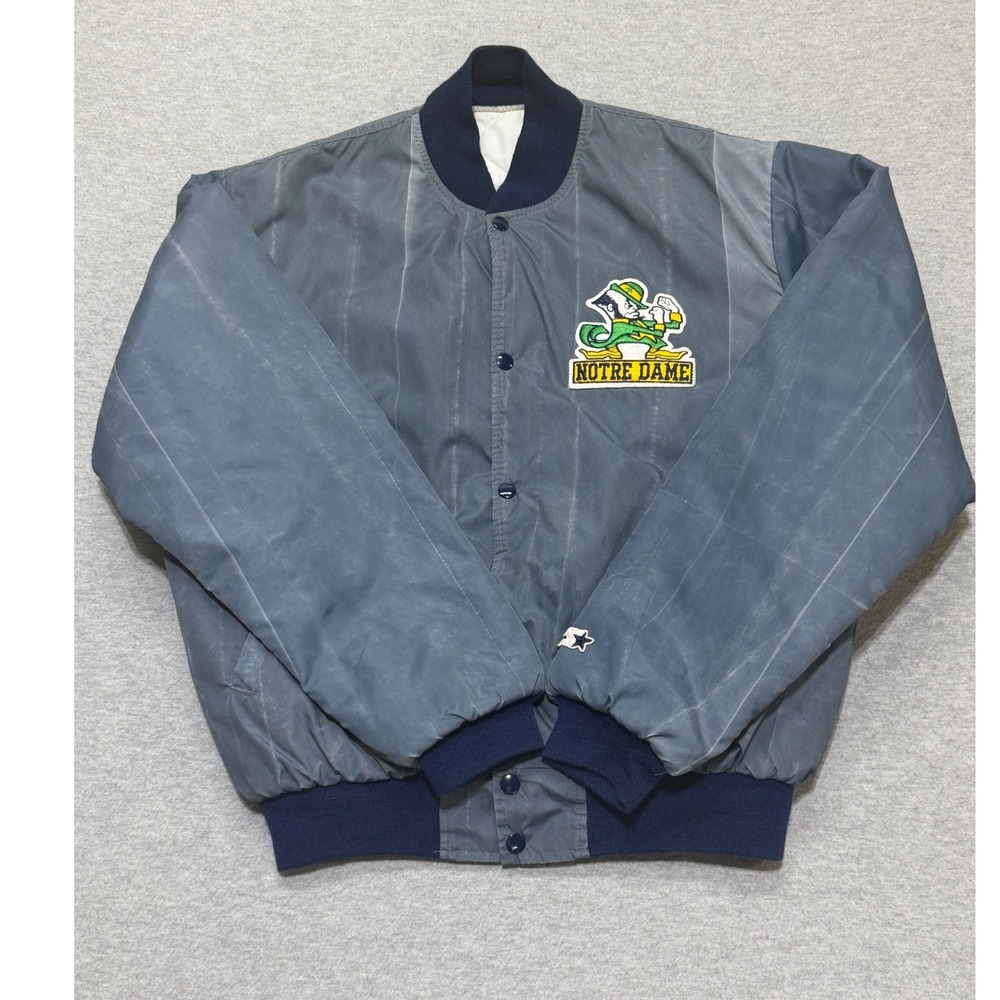 Vintage Starter Notre Dame Fighting Irish Mens L Bomber Jacket Faded Blue USA
